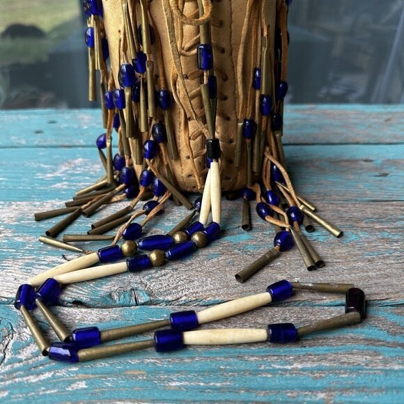 Native American Plains Canteen Bag 10" Leather Brass‎ Conicals Cobalt Blue Beads - Picture 9 of 13
